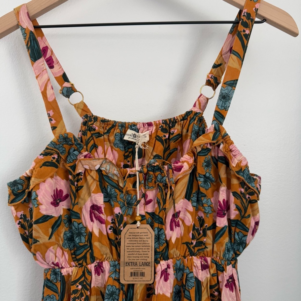 Natural Life XL NEW Floral Mini Dress Yellow Pink Boho Cottage Elastic Waist - Picture 2 of 10